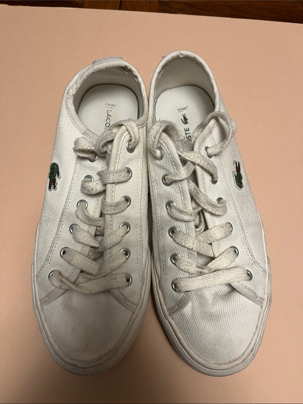 Lacoste White Canvas Low-Top Sneakers with Green Crocodile Logo, 8.5 USA
